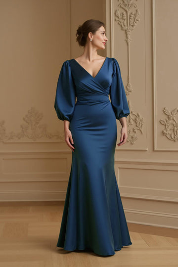 Sirène Satin Col V Marine Robe d’invitée de mariage avec manches 3/4